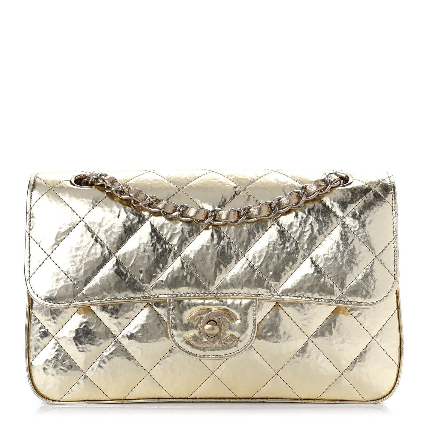 Hammered Metallic Calfskin Quilted Small Double Flap Gold