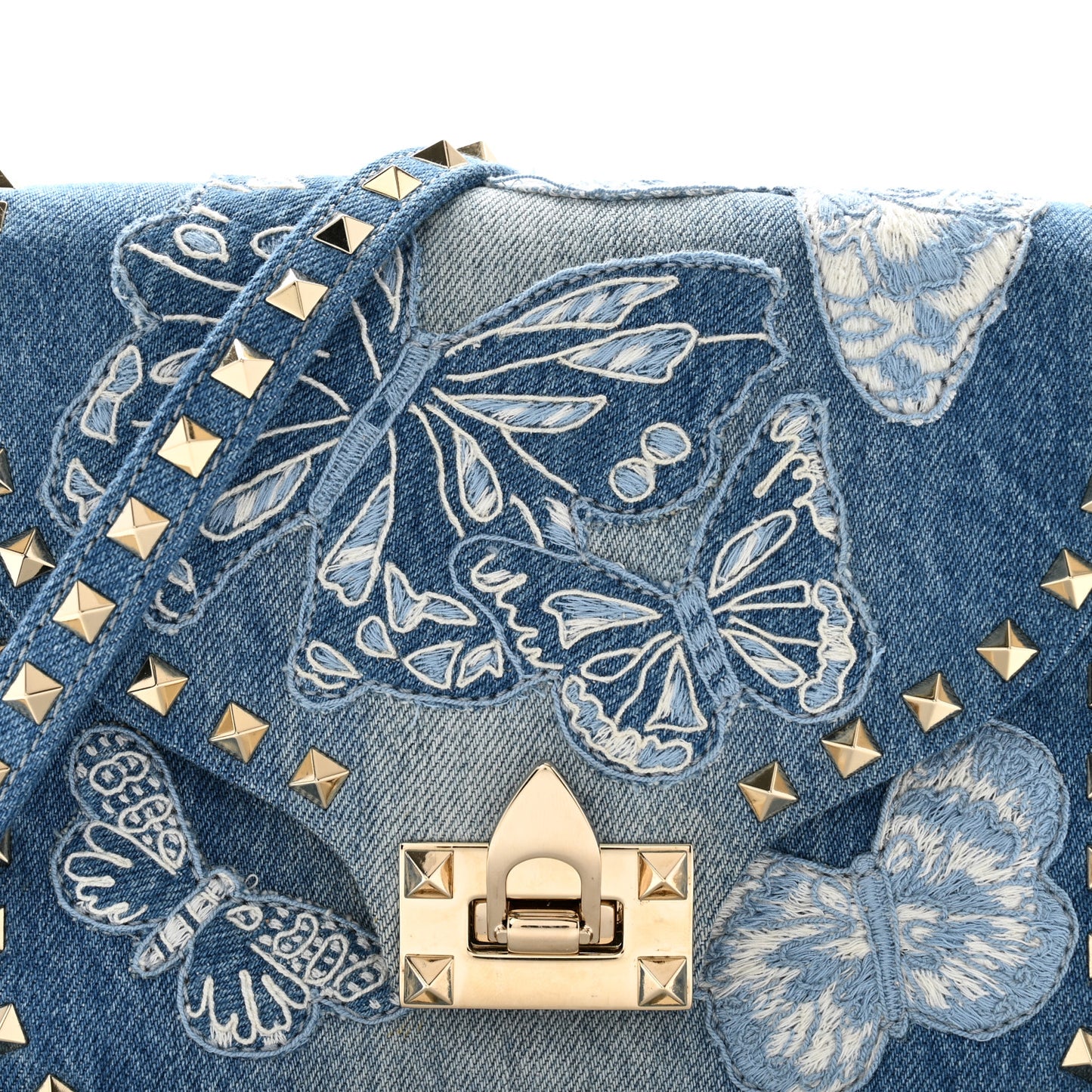Denim Butterfly Embroidered Rockstud Shoulder Flap Messenger Bag Light Denim