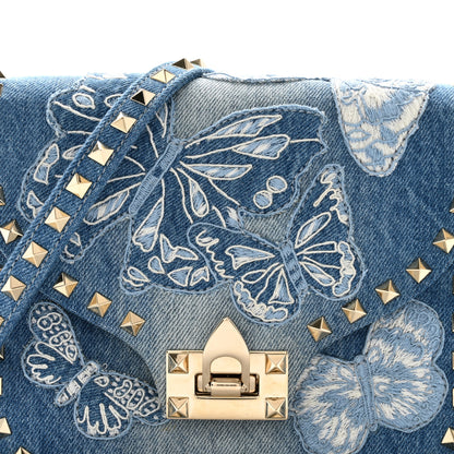 Valentino Garavani Denim Butterfly Embroidered Rockstud Shoulder Flap Messenger Bag Light Denim 7 of 9