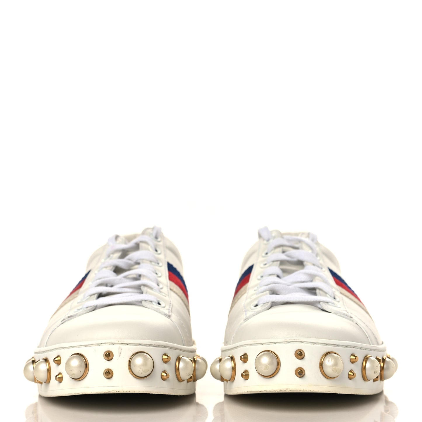 Calfskin Ayers Web Pearl Studded Womens Ace Sneakers 39.5 White