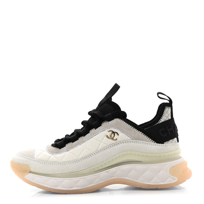 Chanel Velvet Calfskin Mixed Fibers CC Sneakers 37.5 Ivory Black 1 of 9
