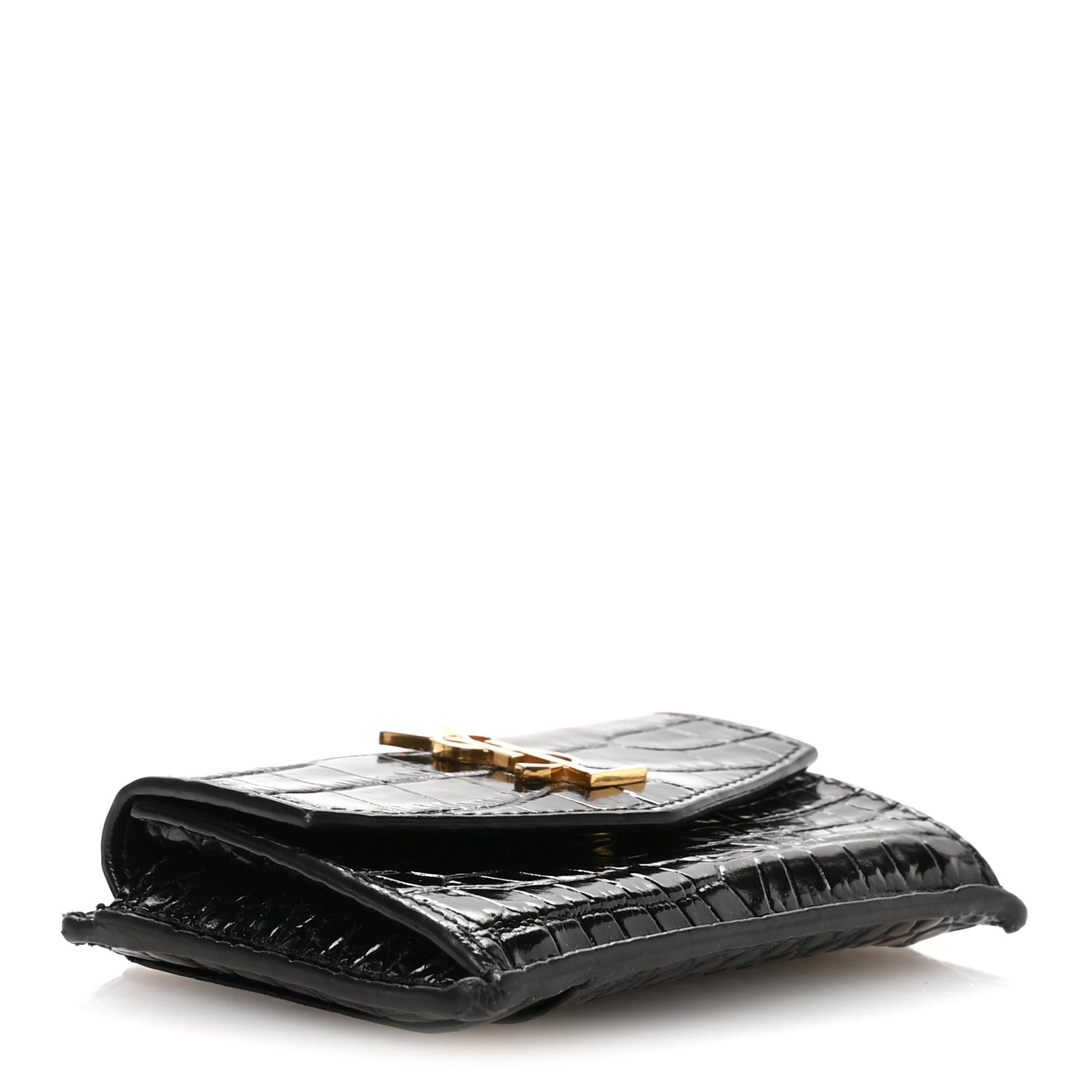 Saint Laurent Calfskin Crocodile Embossed Uptown Monogram Card Case Black 4 of 7