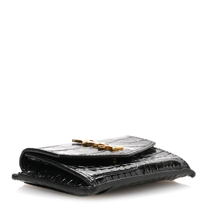 Saint Laurent Calfskin Crocodile Embossed Uptown Monogram Card Case Black 4 of 7