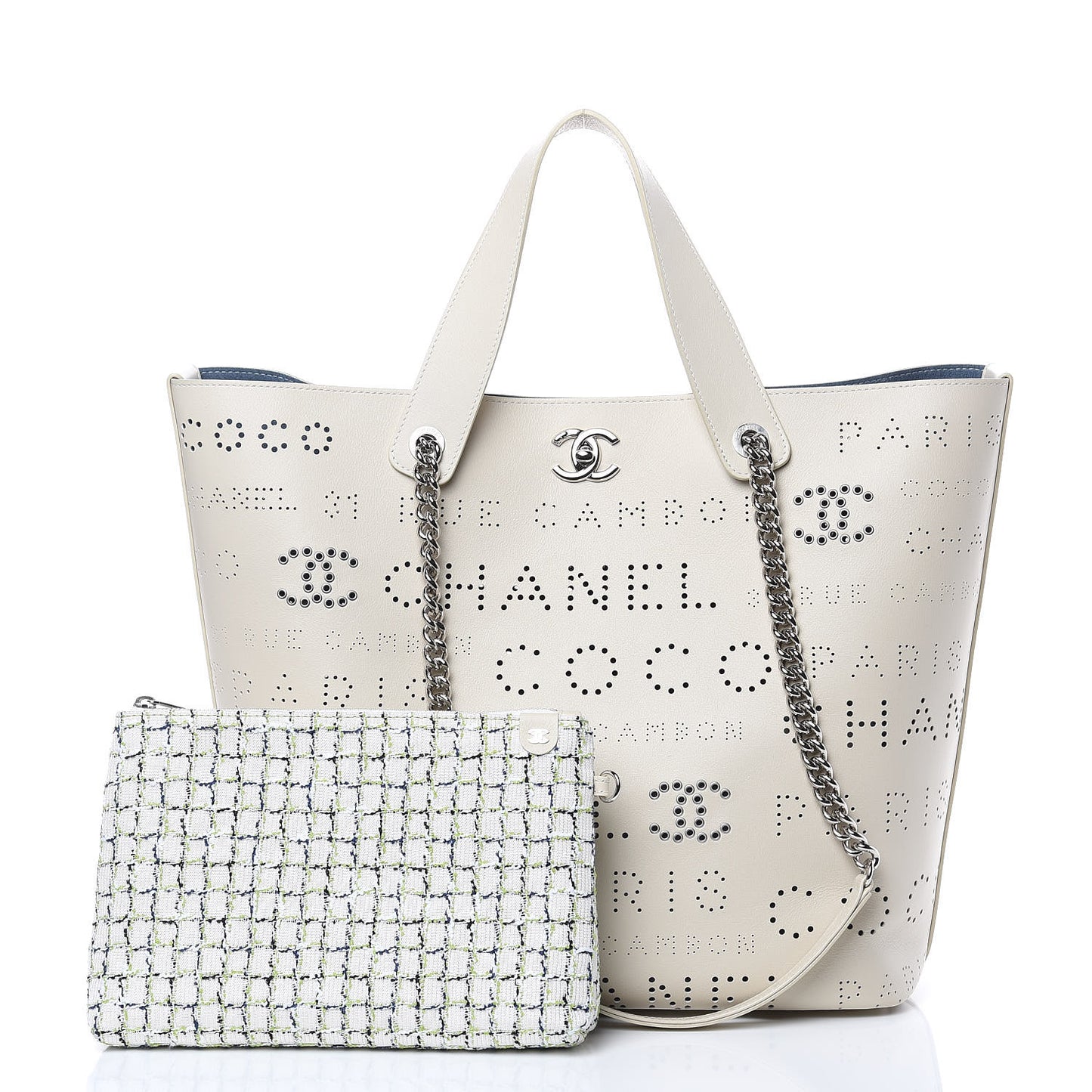 Calfskin Tweed Small Logo Eyelets Shopping Tote Beige