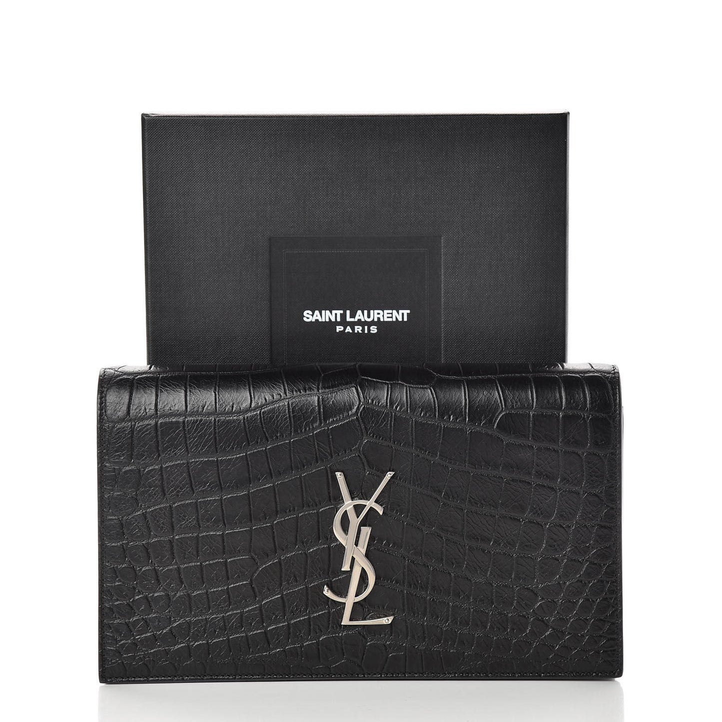 Calfskin Crocodile Embossed Classic Kate Monogram Clutch Black