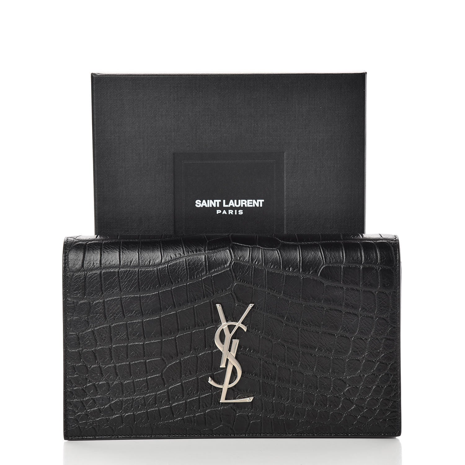 Saint Laurent Calfskin Crocodile Embossed Classic Kate Monogram Clutch Black 8 of 8