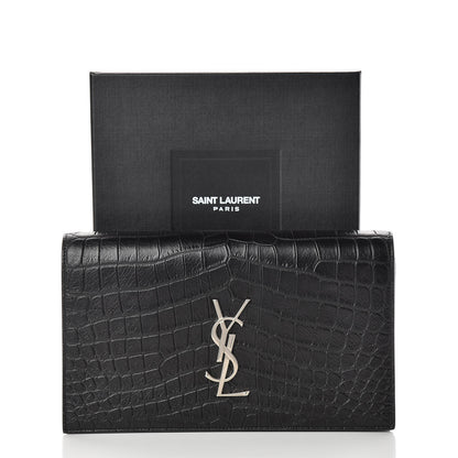 Saint Laurent Calfskin Crocodile Embossed Classic Kate Monogram Clutch Black 8 of 8