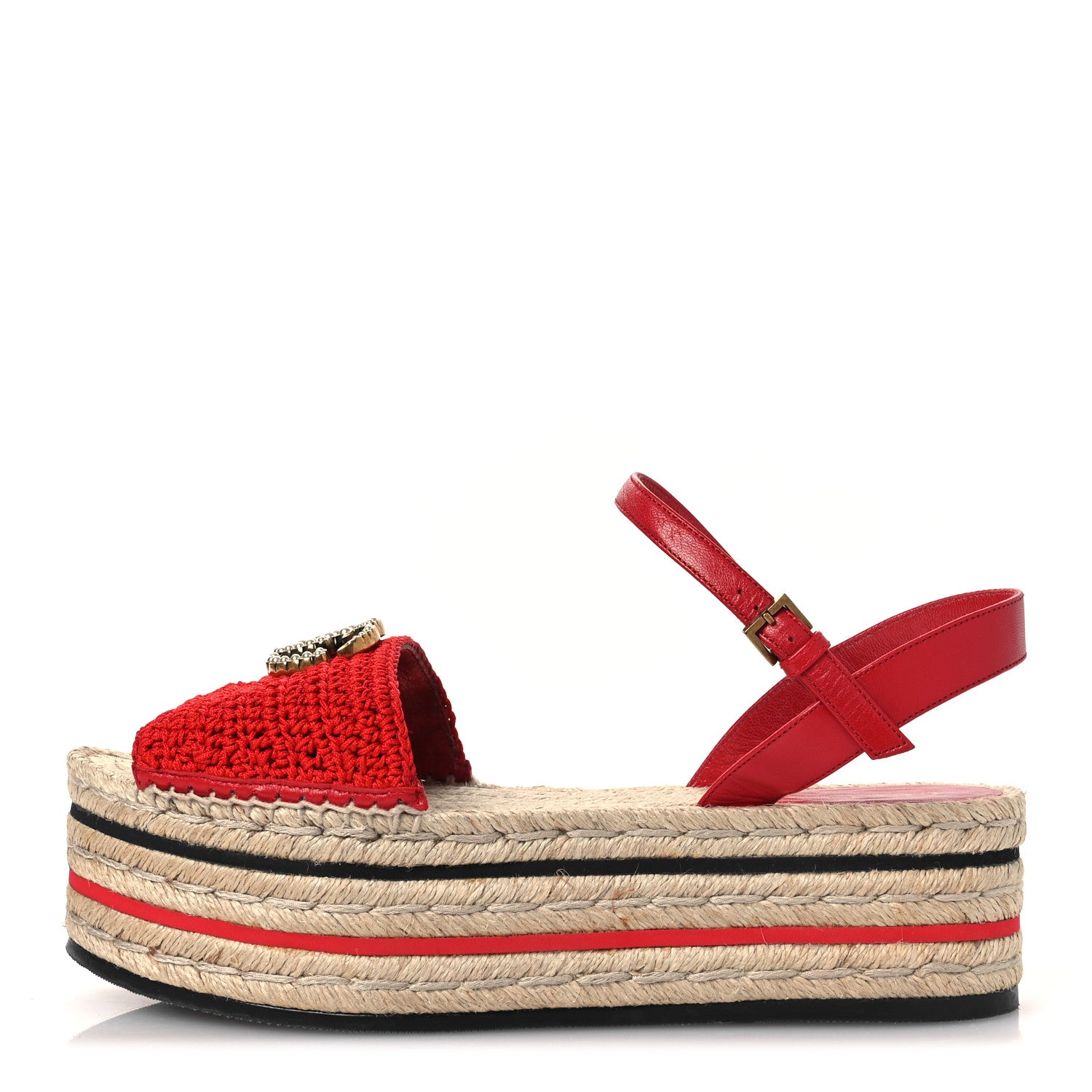 Gucci Cotton Malaga Kid Crochet Pearly GG Lilibeth Espadrille Platform Sandals 39 Hibiscus Red 1 of 11