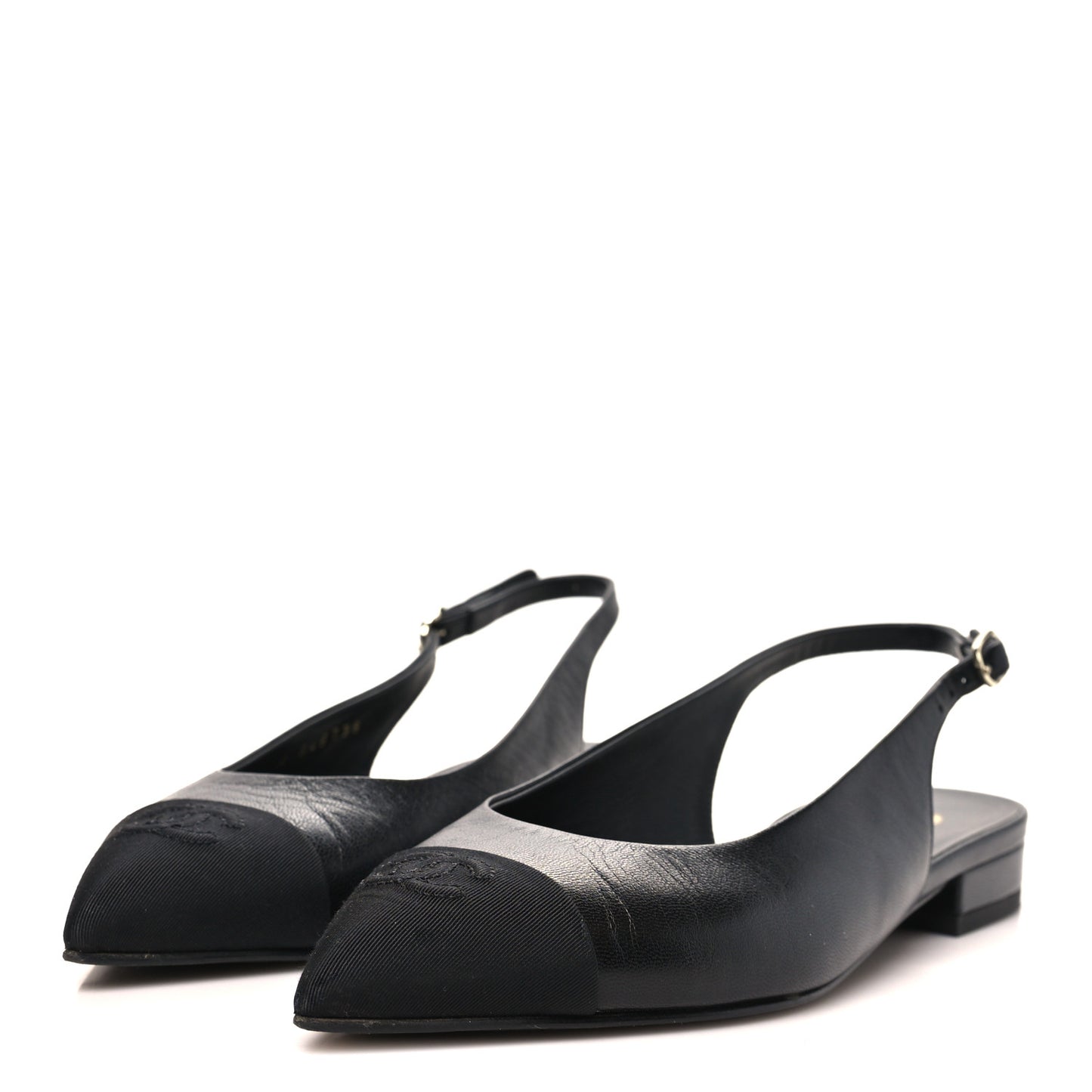 Goatskin Grosgrain Pointed Toe CC Slingback Flats 36.5 Black