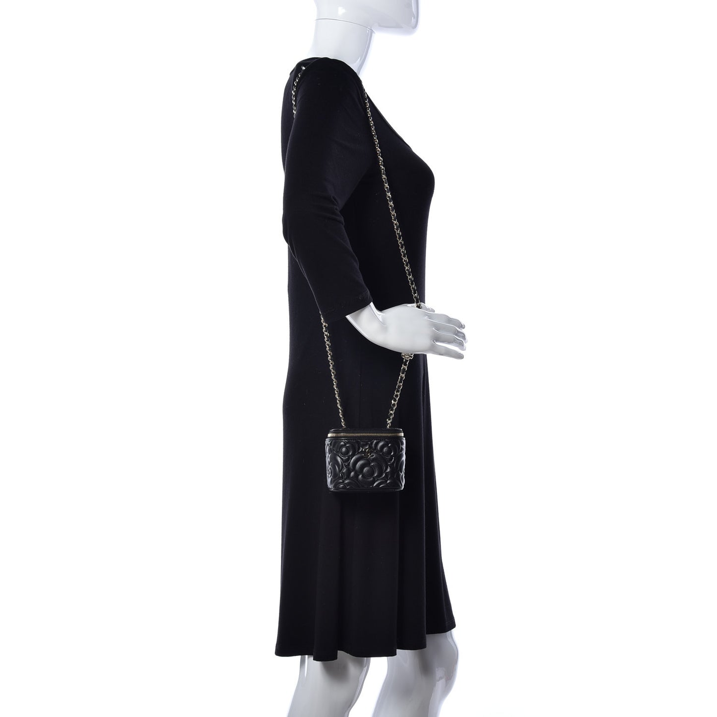 Lambskin Camellia Embossed Mini Vanity Case With Chain Black