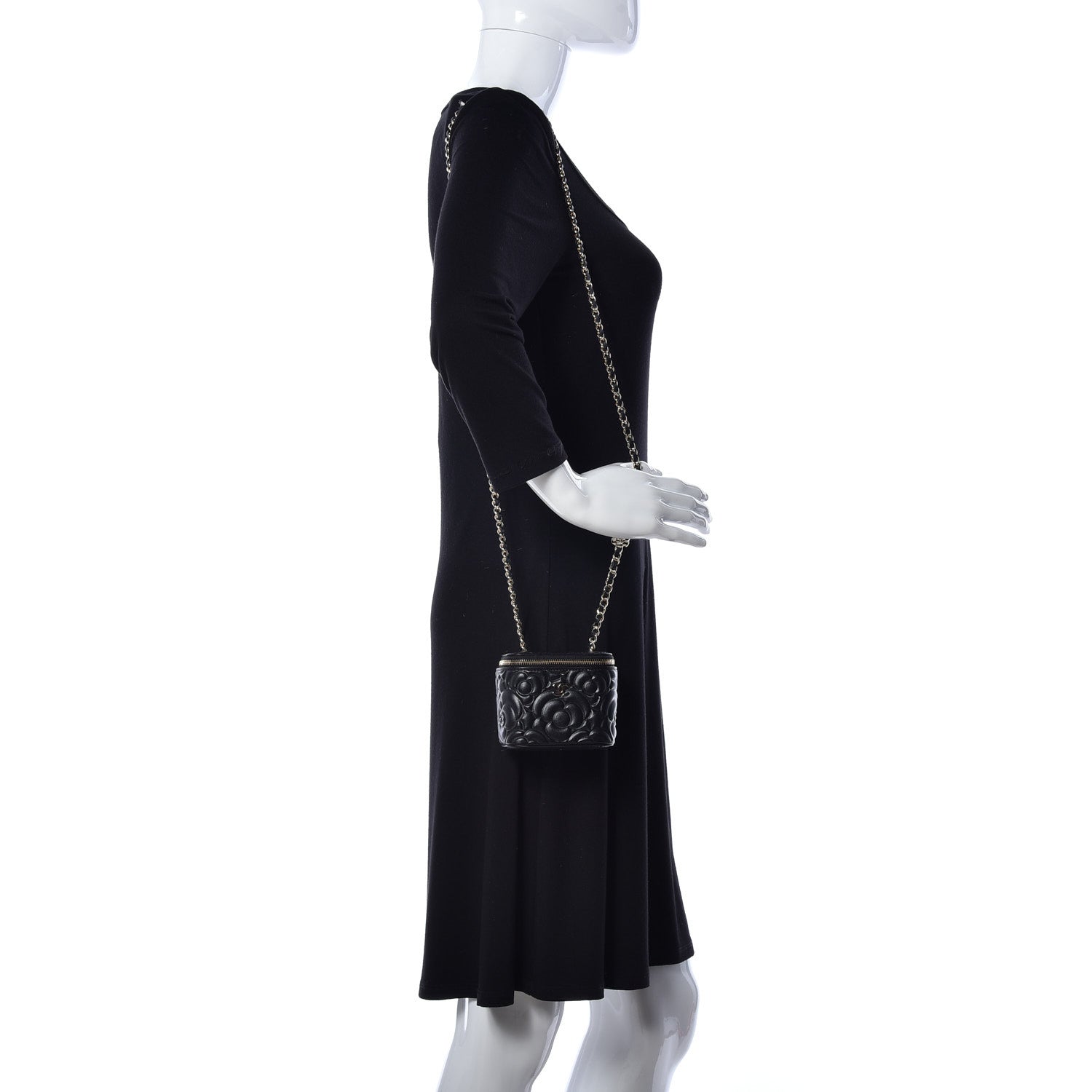 Chanel Lambskin Camellia Embossed Mini Vanity Case With Chain Black 2 of 10