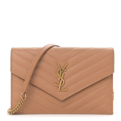Saint Laurent Grain De Poudre Matelasse Chevron Monogram Envelope Chain Wallet Dune 1 of 8