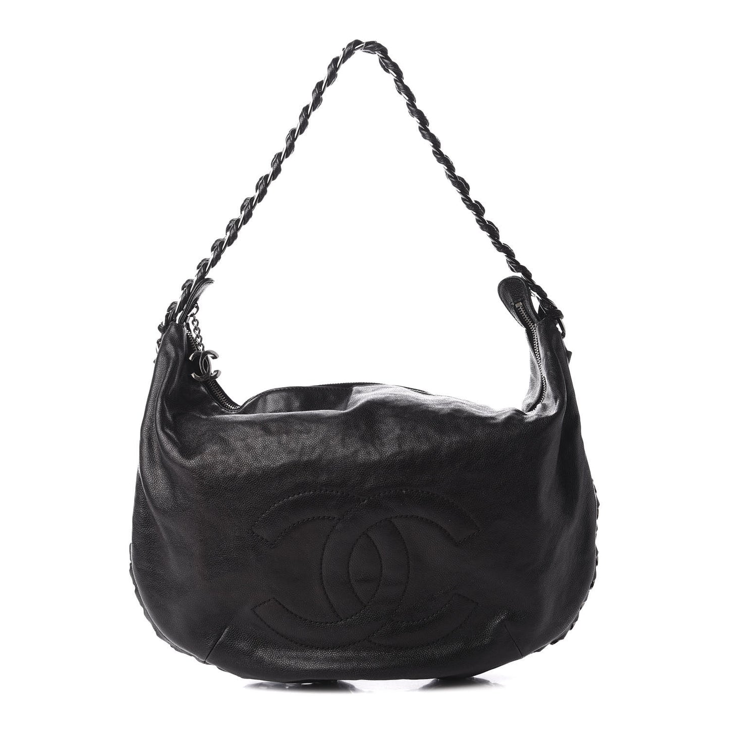 Glazed Caviar Modern Chain Hobo Black