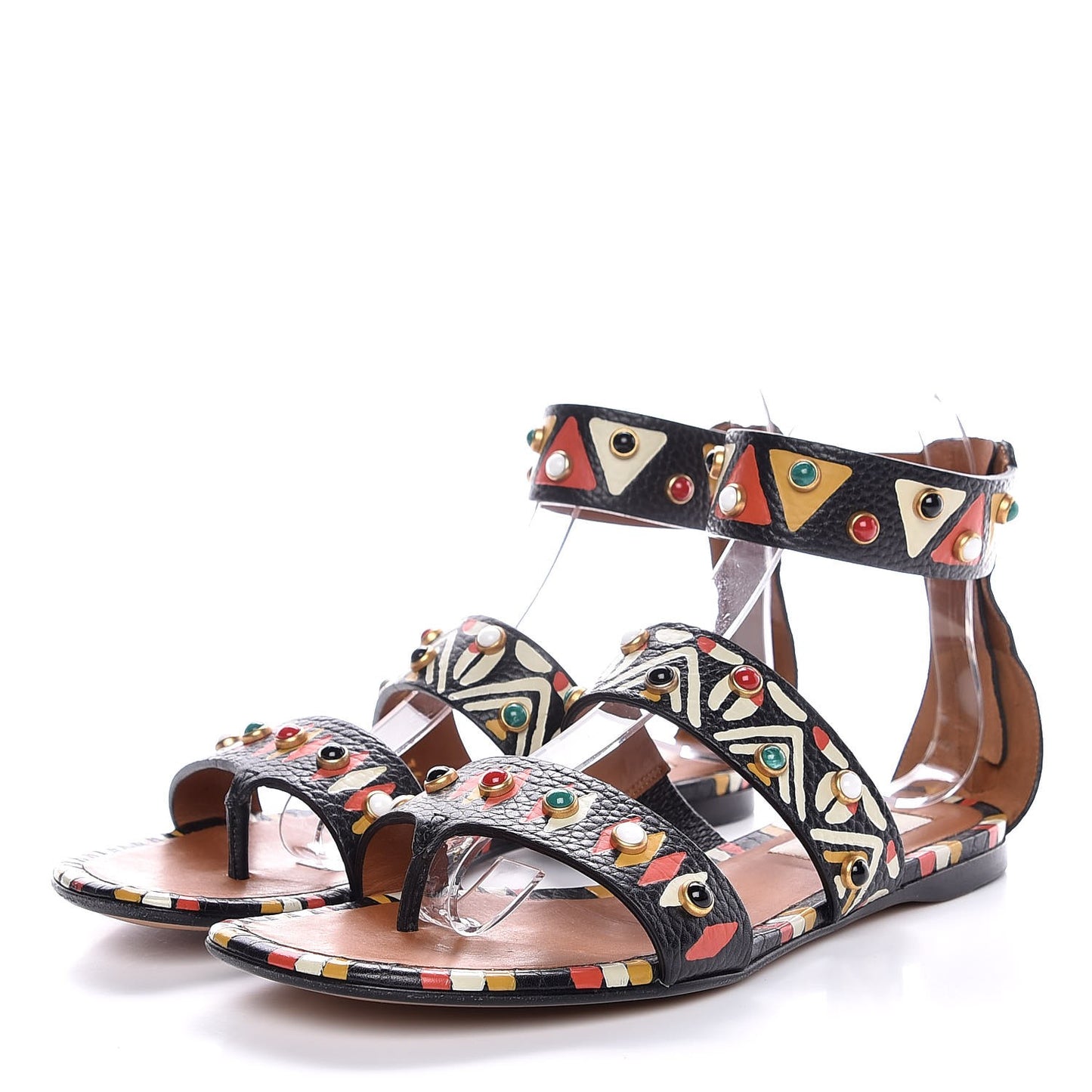 Calfskin Hand Painted Rockstud Thong Sandals 36 Black
