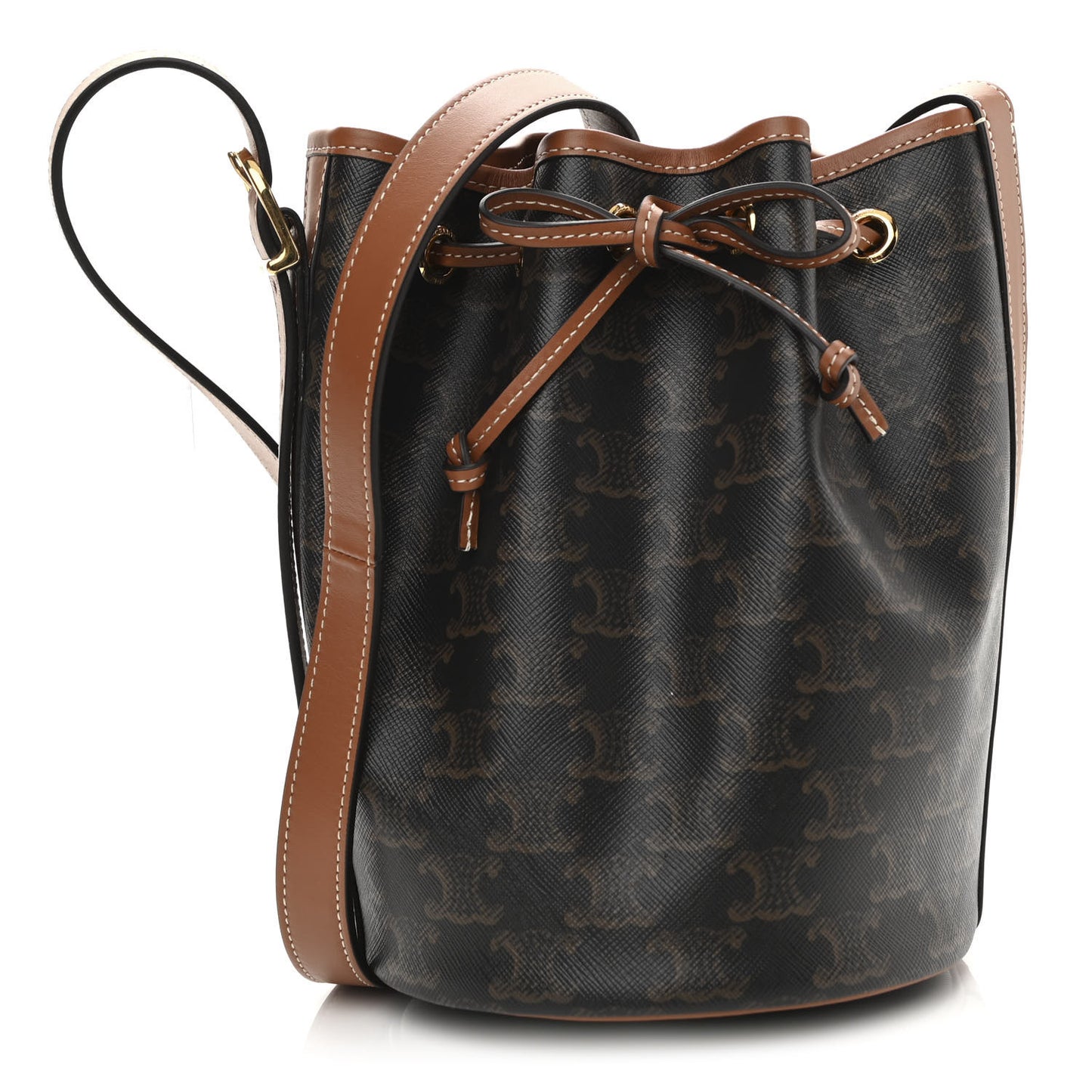 Triomphe Canvas Calfskin Small Drawstring Bucket Bag Tan