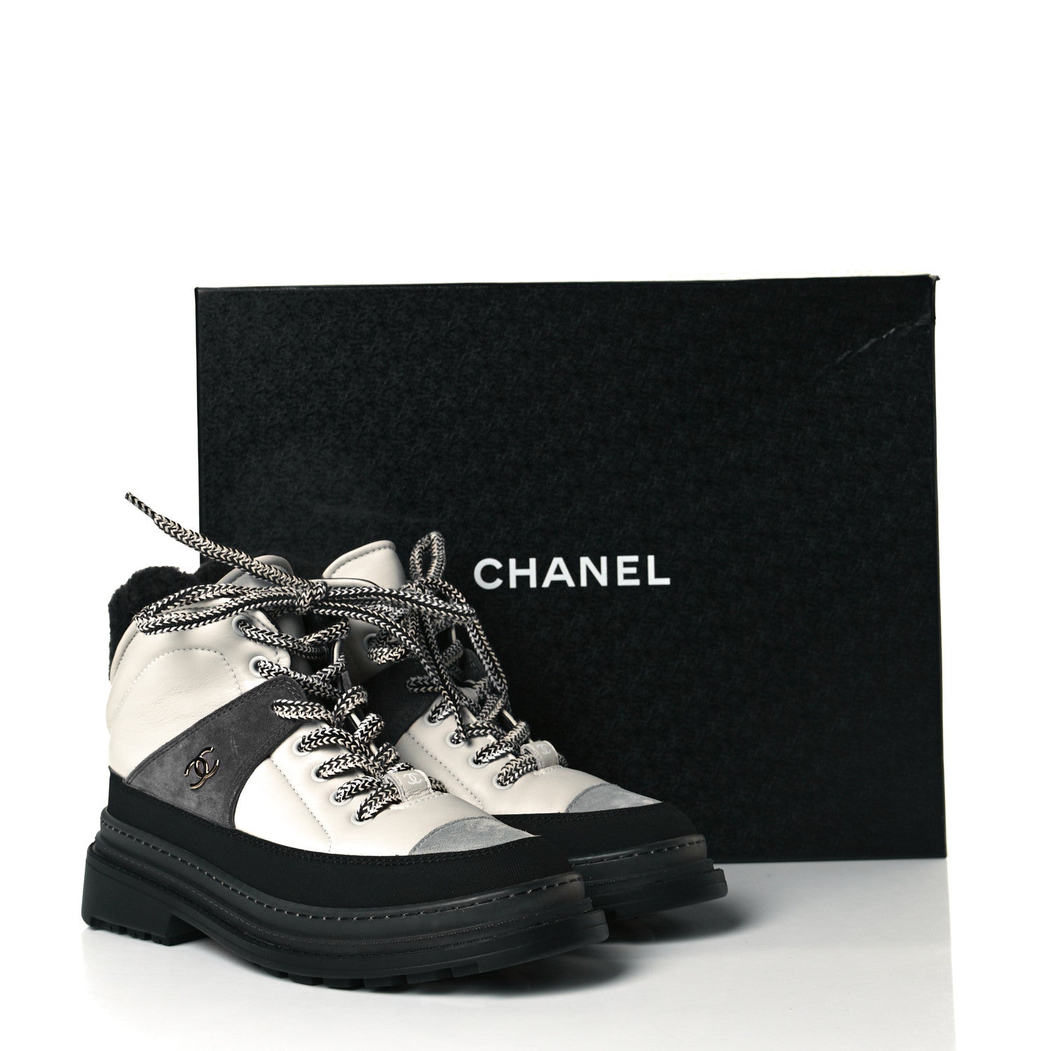 Chanel Lambskin Shearling Suede CC High Lace Up Boots 37 Grey Black 7 of 7