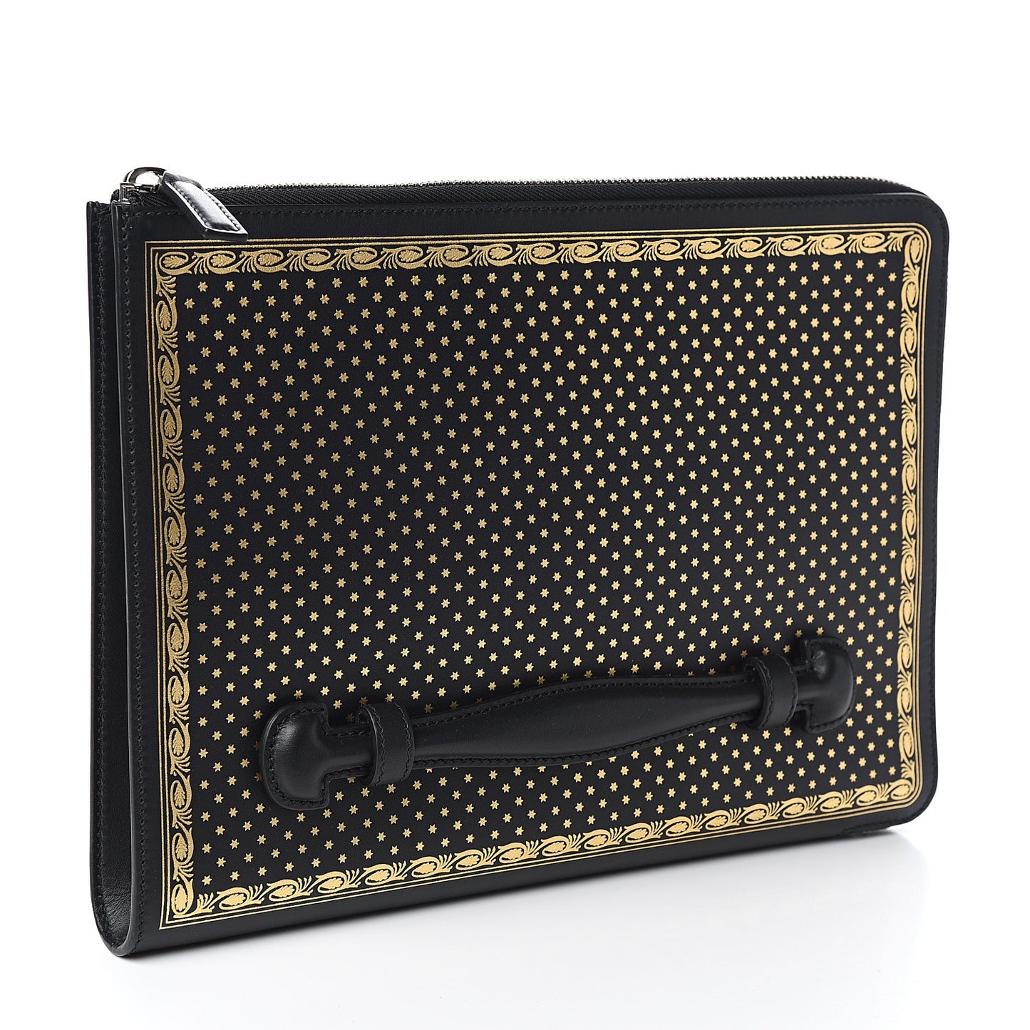X SEGA Calfskin GUCCY Stars Zip Clutch Bag Black Gold