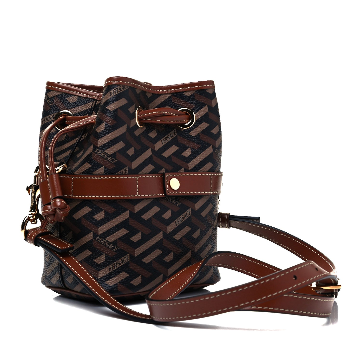 Coated Canvas La Greca Mini Bucket Bag Black Caramel