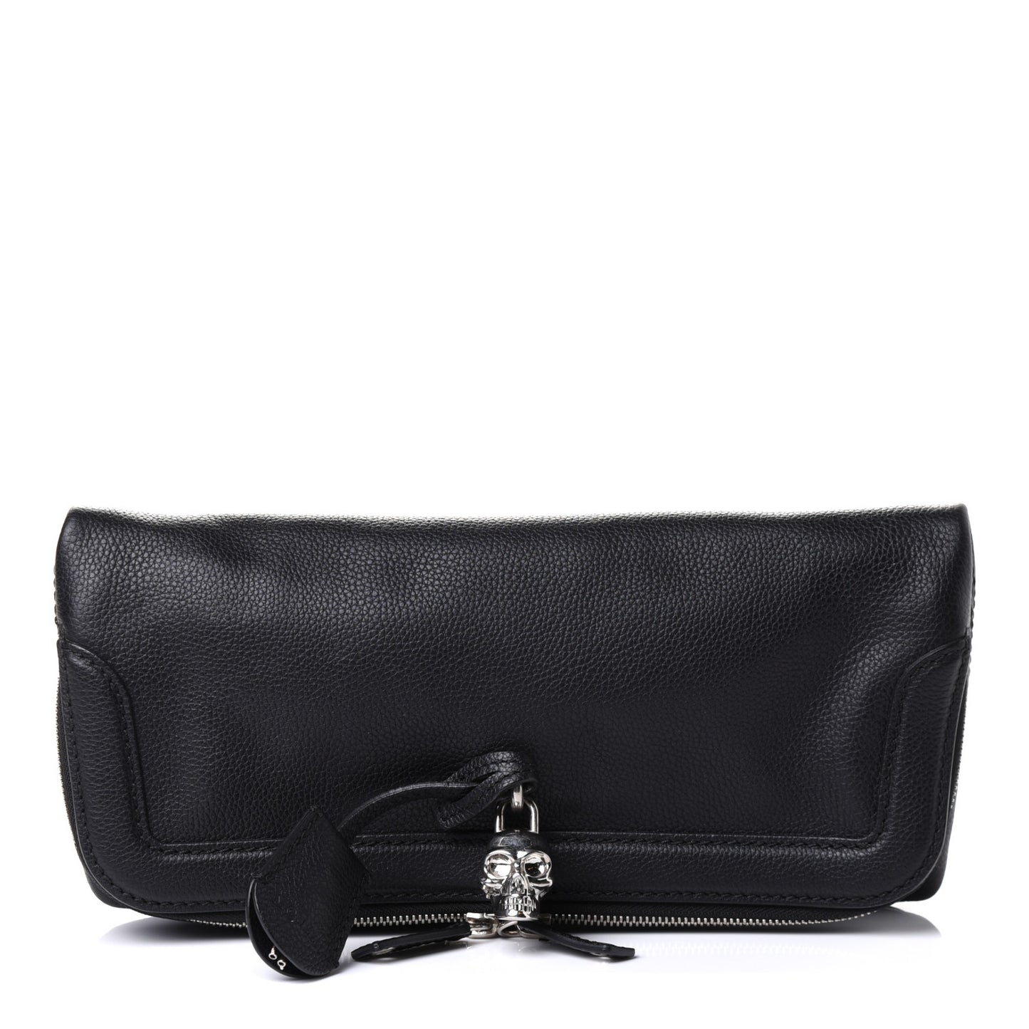 Grainy Calfskin Padlock Skull Clutch Black