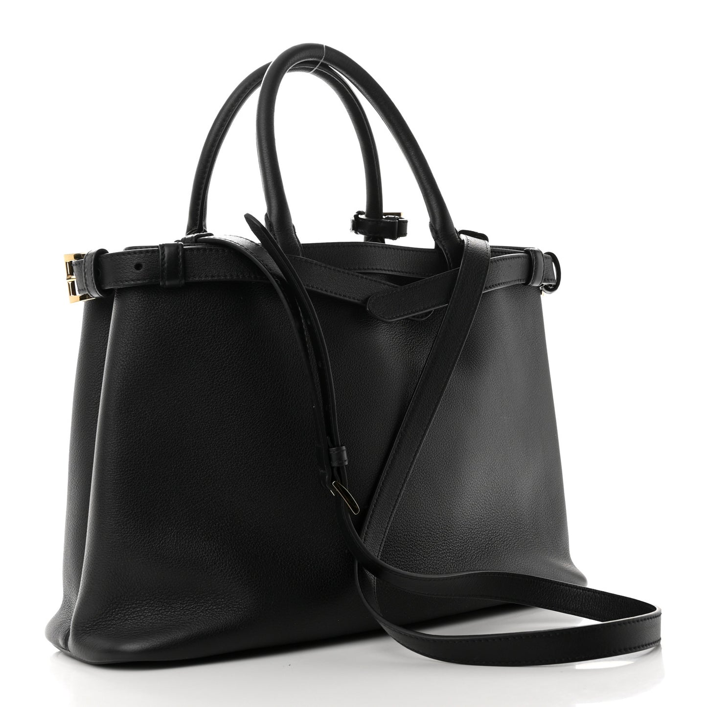 Soft Grain Calfskin Medium Double Belt Tote Black
