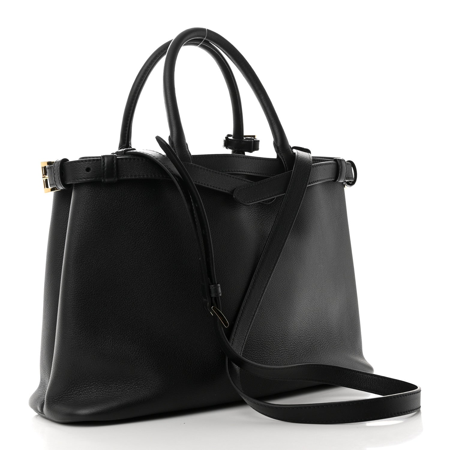 Prada Soft Grain Calfskin Medium Double Belt Tote Black 2 of 9
