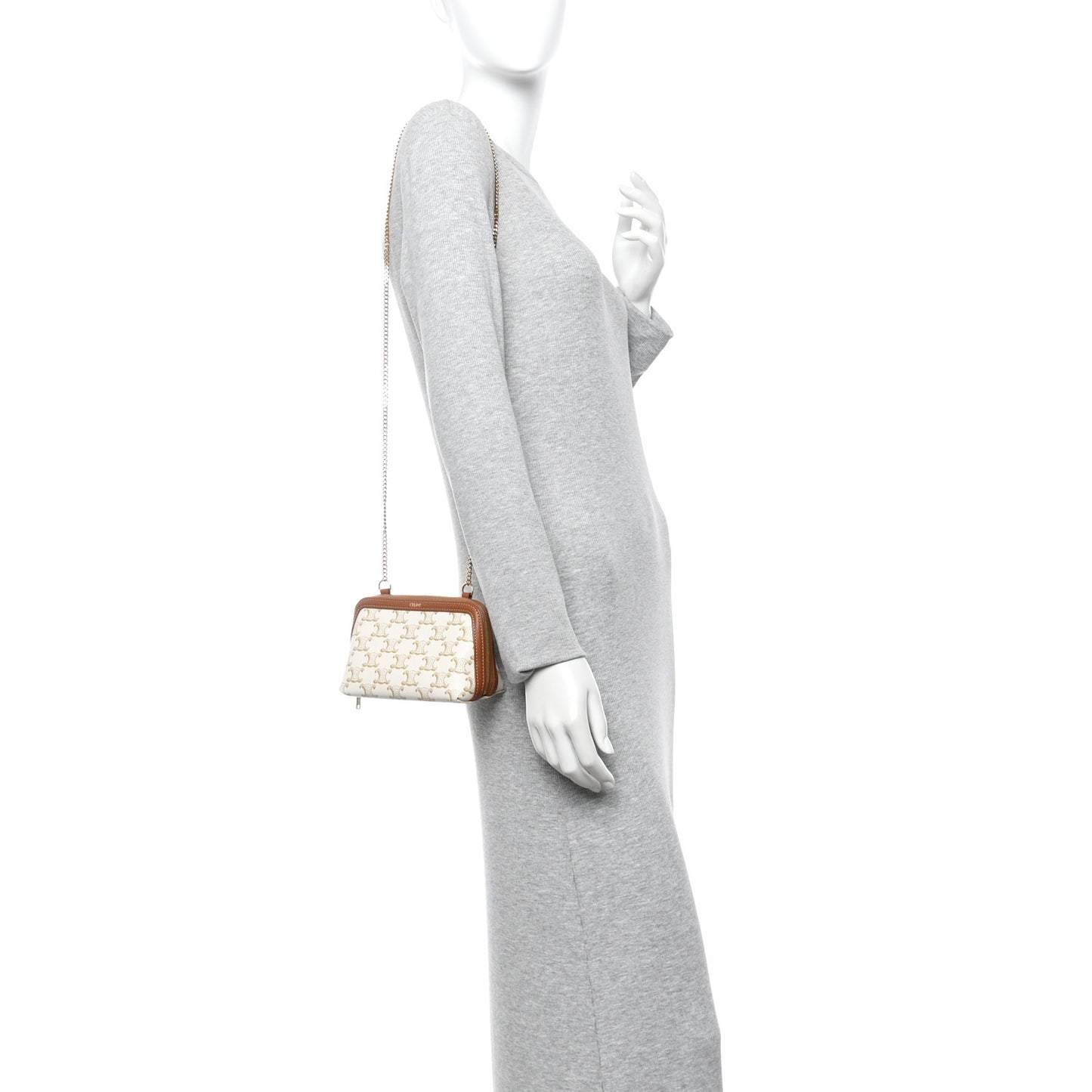 Lambskin Triomphe Canvas Clutch With Chain White Tan