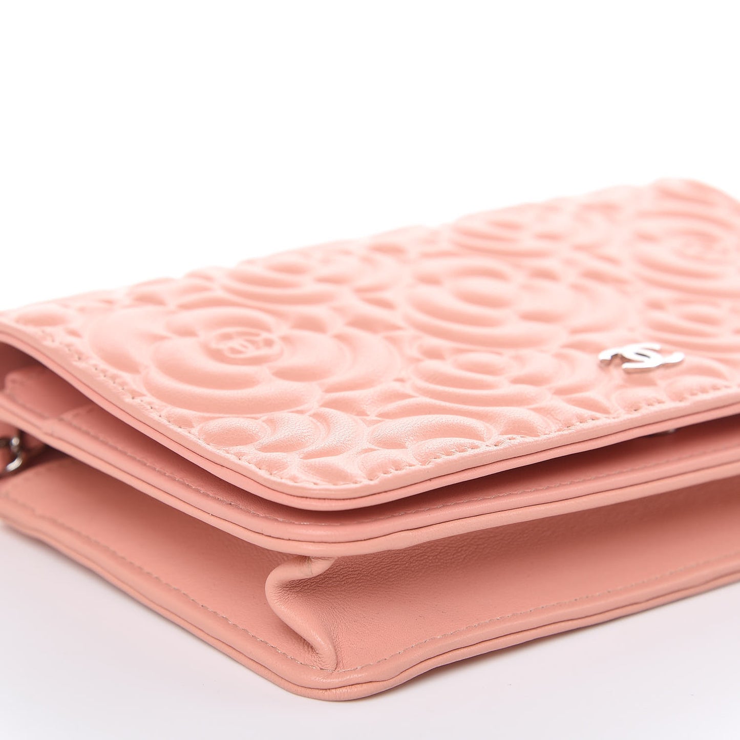 Goatskin Camellia Embossed Wallet On Chain WOC Light Pink