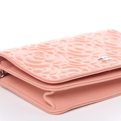 Chanel Goatskin Camellia Embossed Wallet On Chain WOC Light Pink 9 of 12