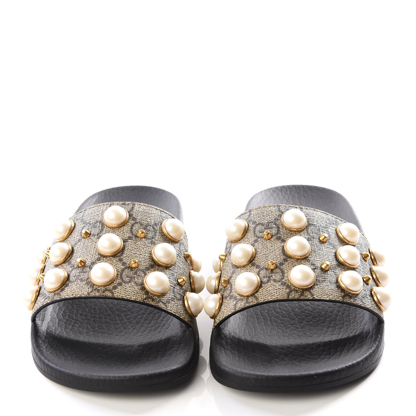 GG Supreme Monogram Pearls Slide Sandals 34 Beige