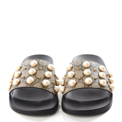 Gucci GG Supreme Monogram Pearls Slide Sandals 34 Beige 3 of 7