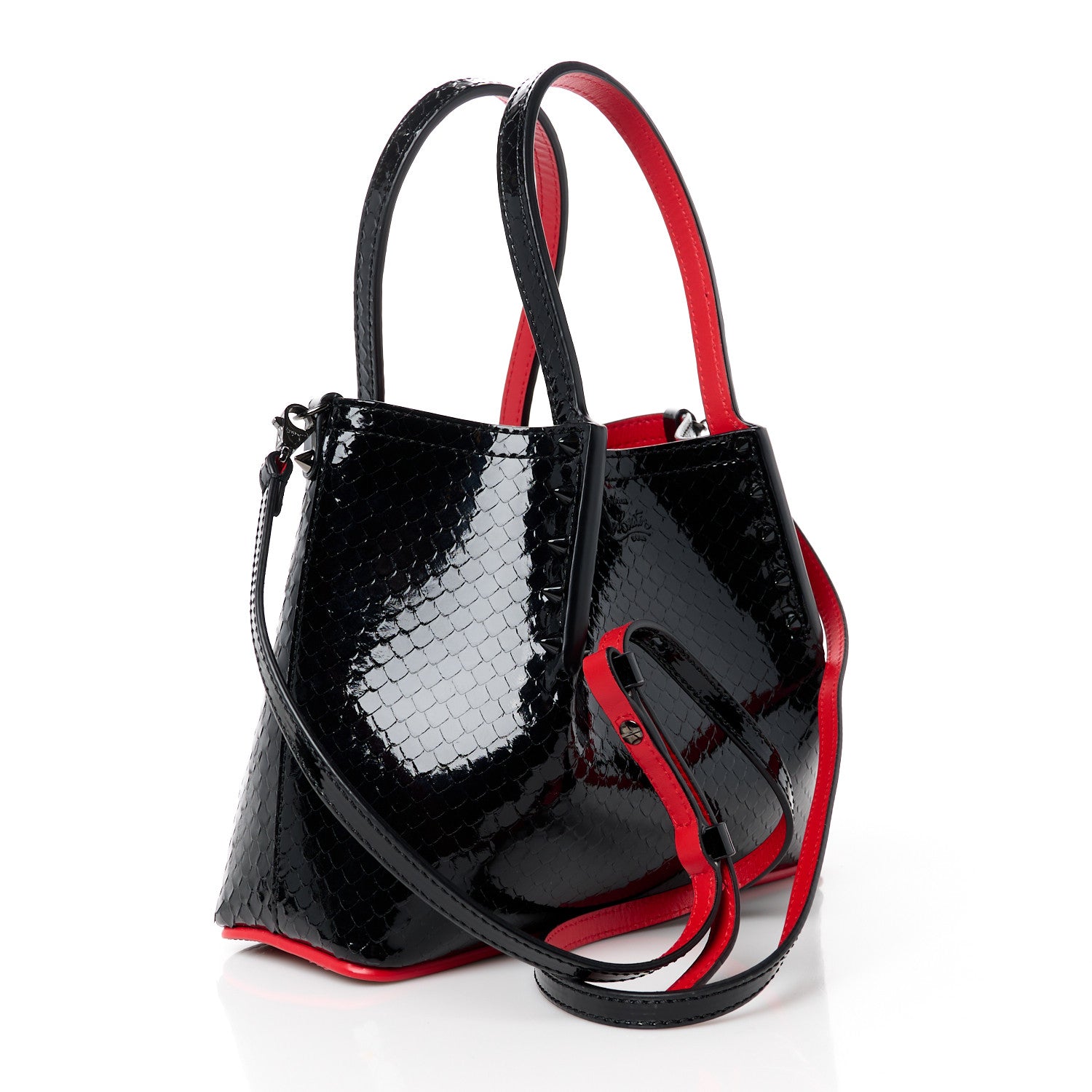 Christian Louboutin Patent Snakeskin Embossed Spiked Mini Cabarock Shopper Tote Black 3 of 10