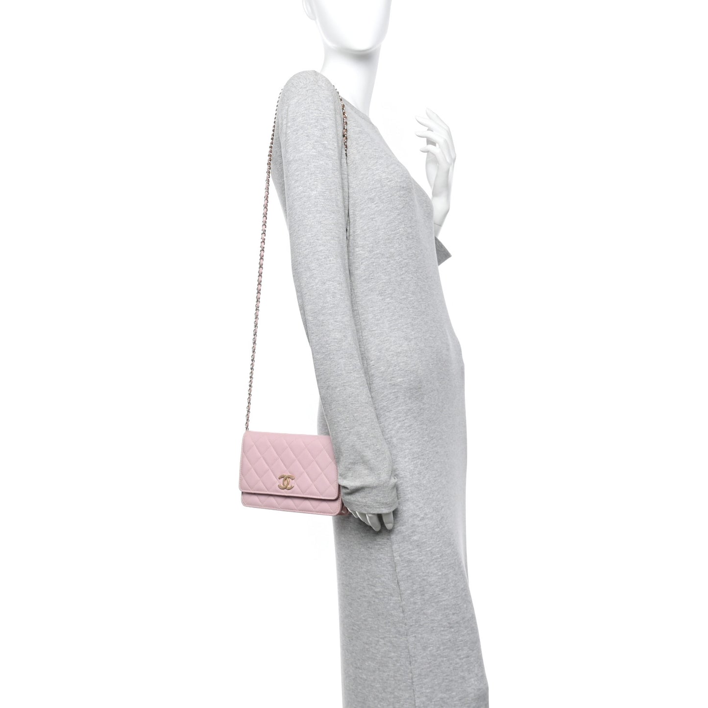 Caviar Quilted Studded CC Wallet on Chain WOC Light Pink