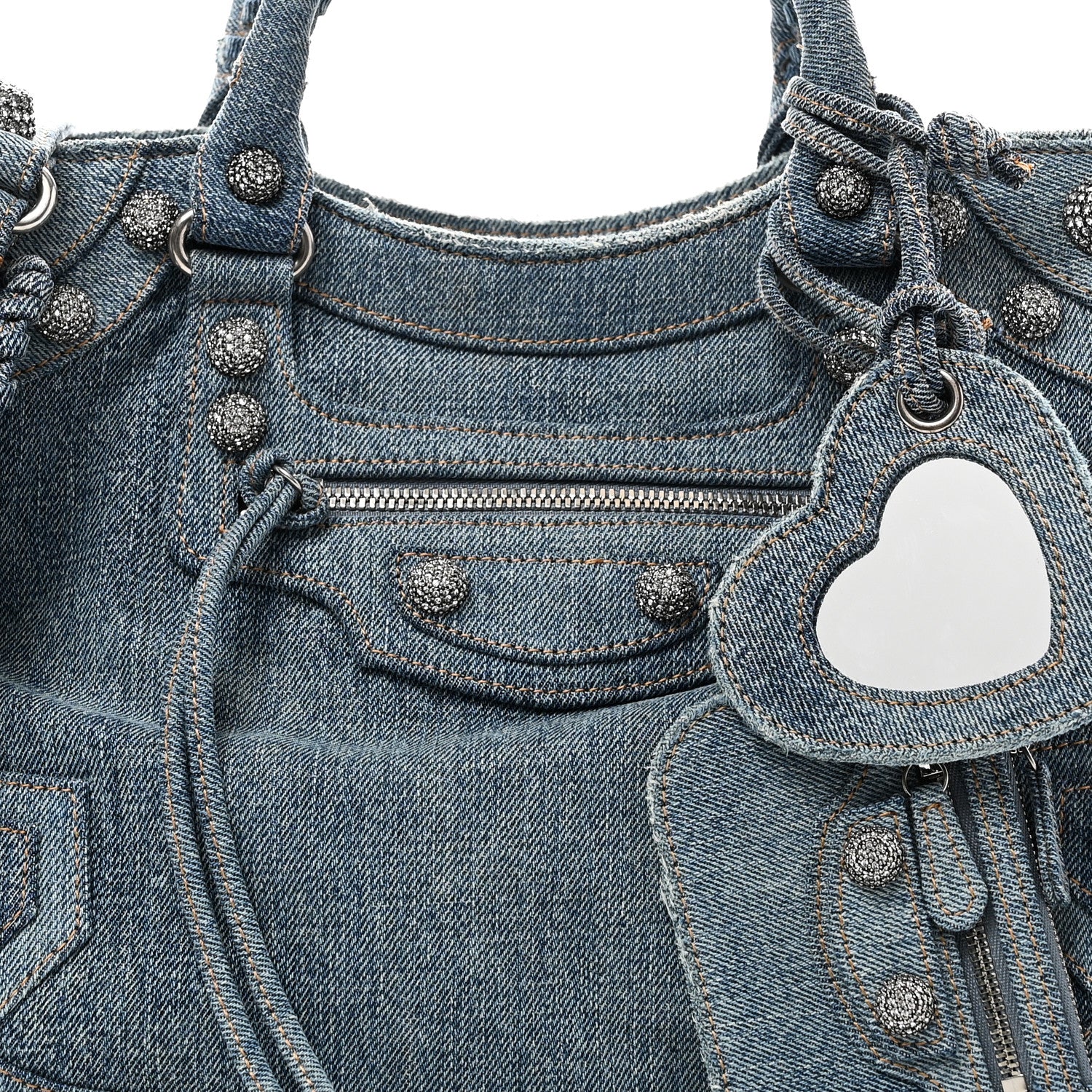 Balenciaga Washed Frayed Denim Crystal Neo Cagole City Handbag