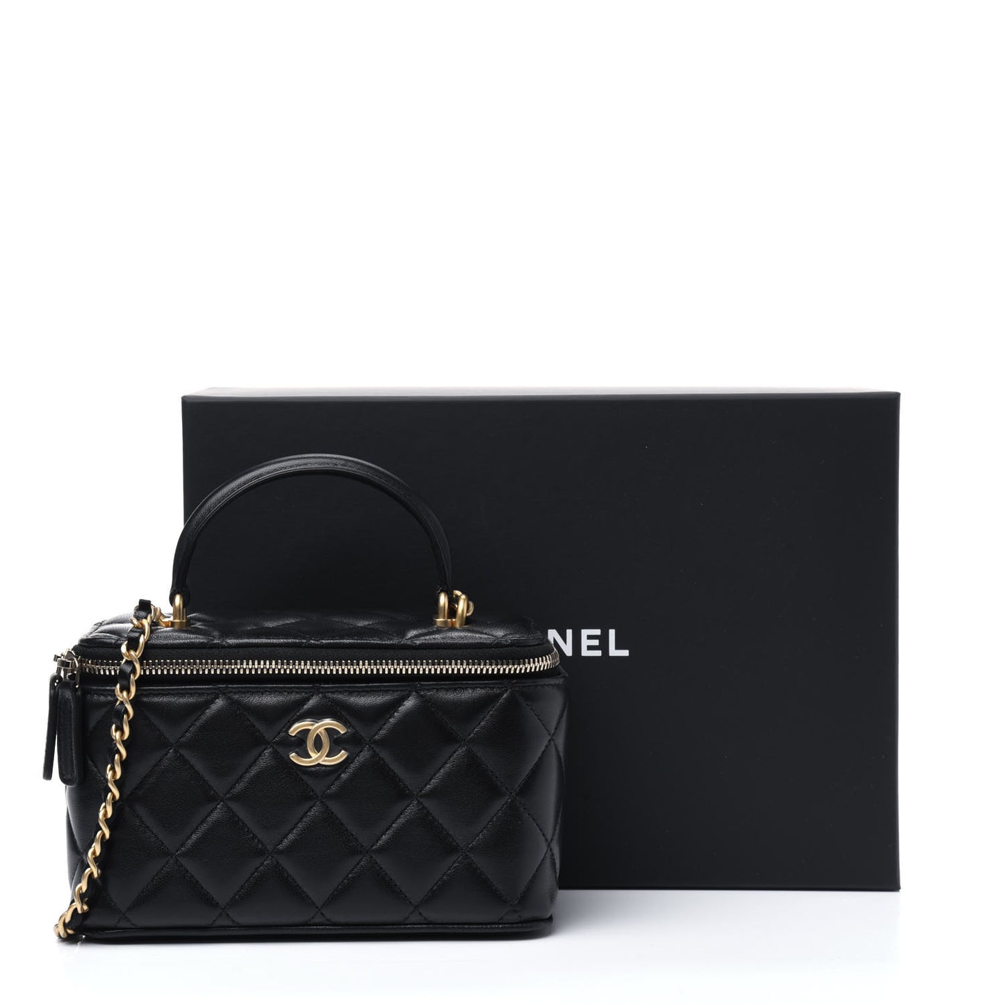 Lambskin Quilted Small Top Handle Vanity Case With Chain Black
