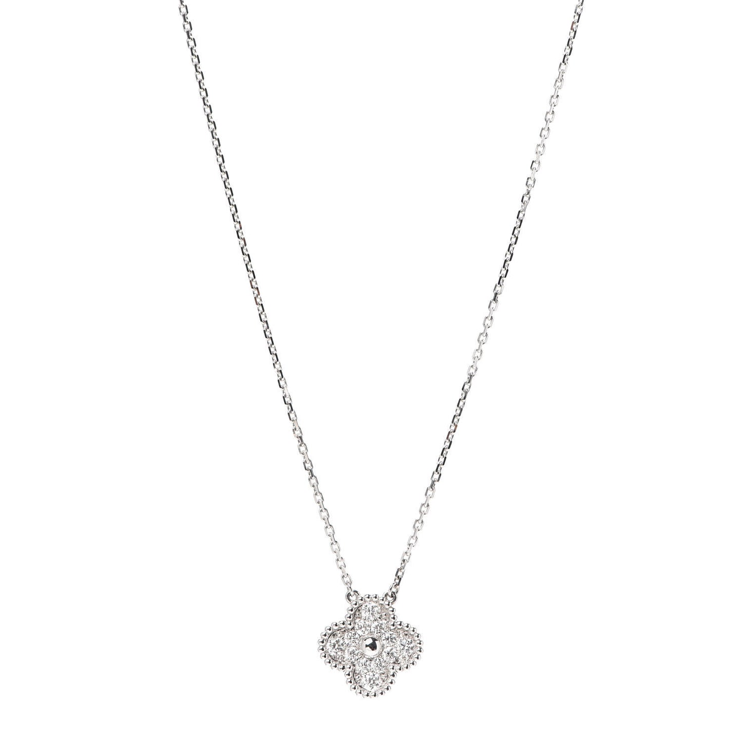 18K White Gold Diamond Vintage Alhambra Pendant Necklace