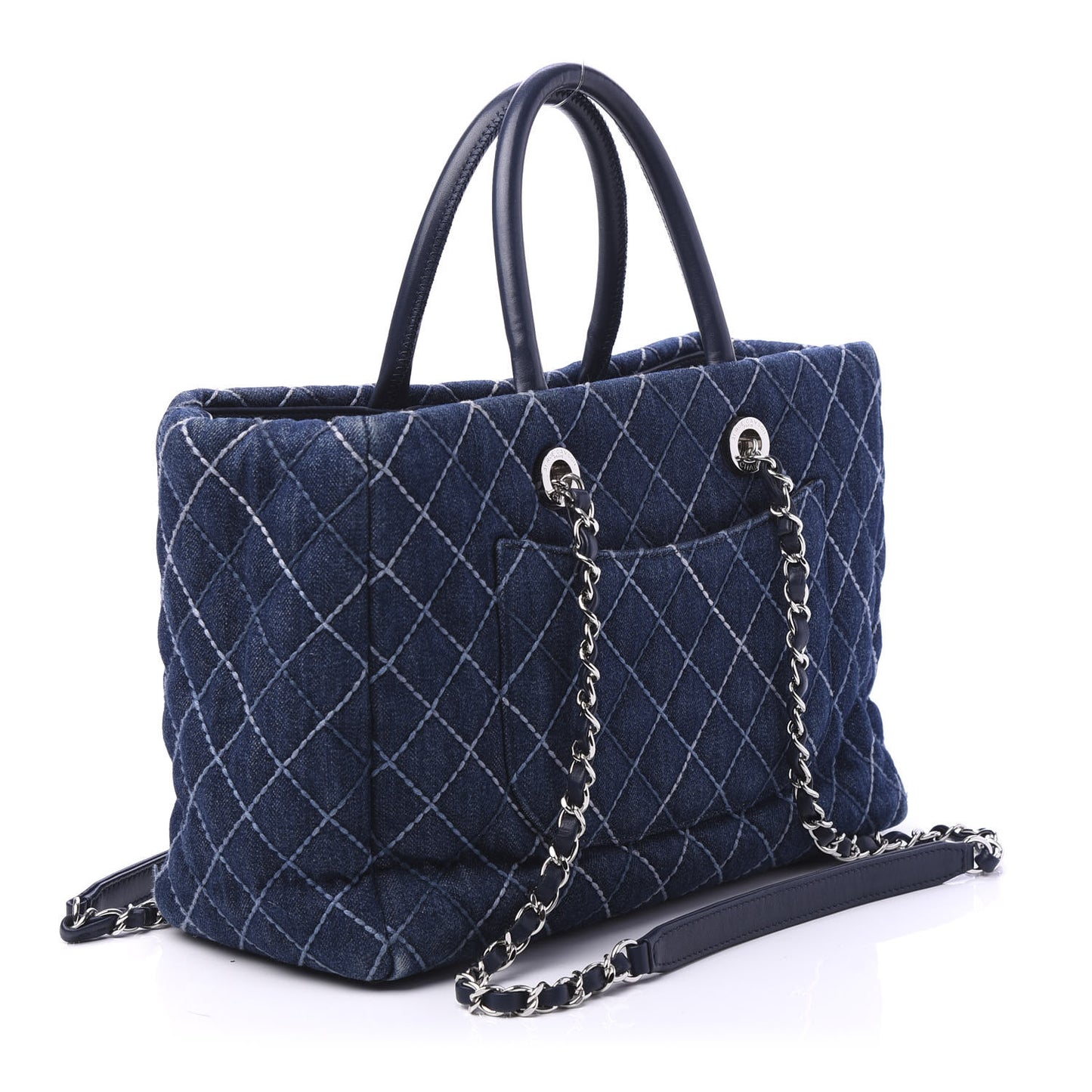 Denim Quilted Medium Coco Handle Shopping Tote Blue