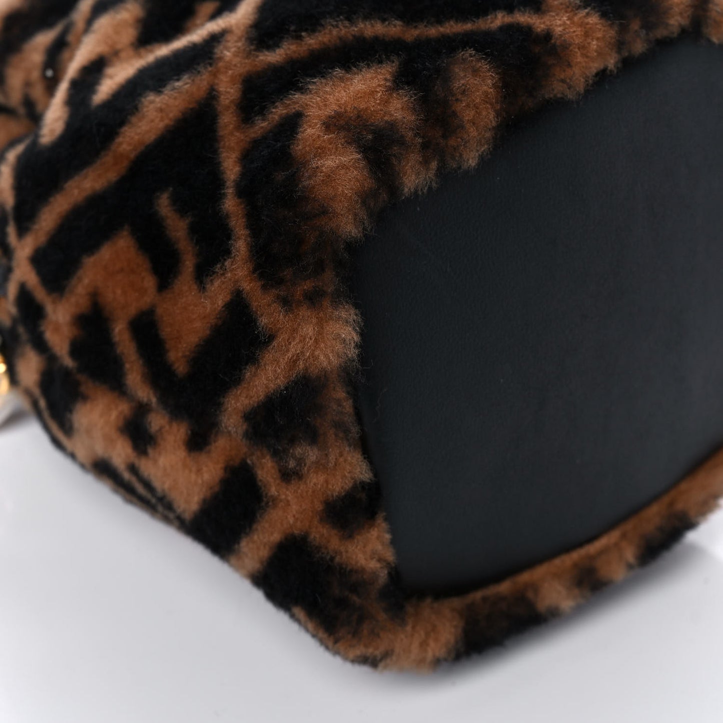 Shearling Vitello Dolce F is Fendi Macro FF 1974 Mini Mon Tresor Bucket Bag Tobacco Black