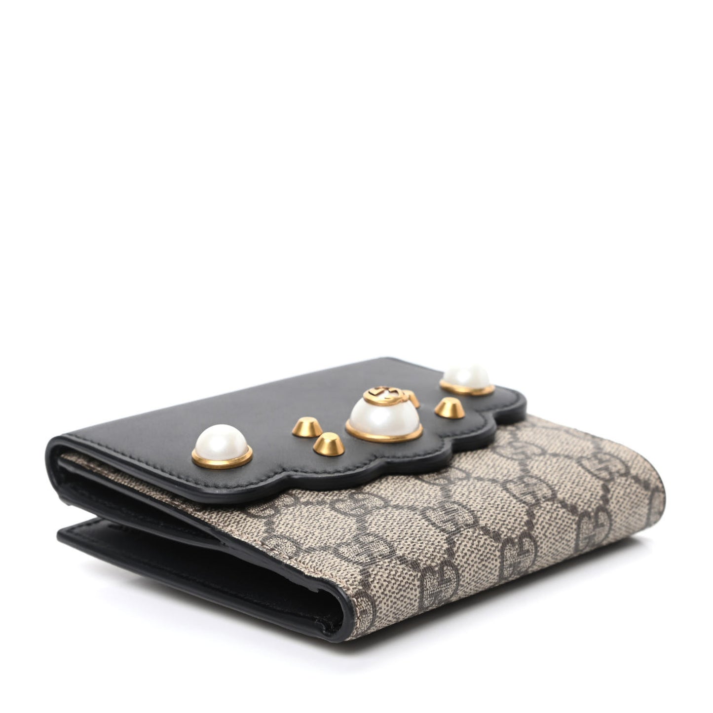 GG Supreme Monogram Pearl Studded French Wallet Black
