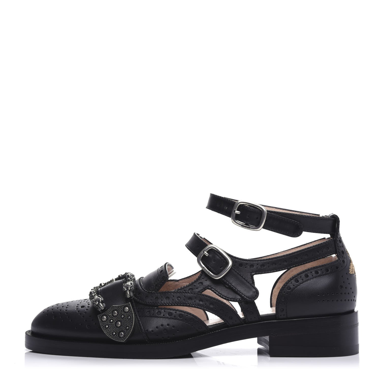 Gucci Calfskin Bee Embroidered Womens Queercore Brogue Wingtip Monk Strap Loafers 39 Black 1 of 8