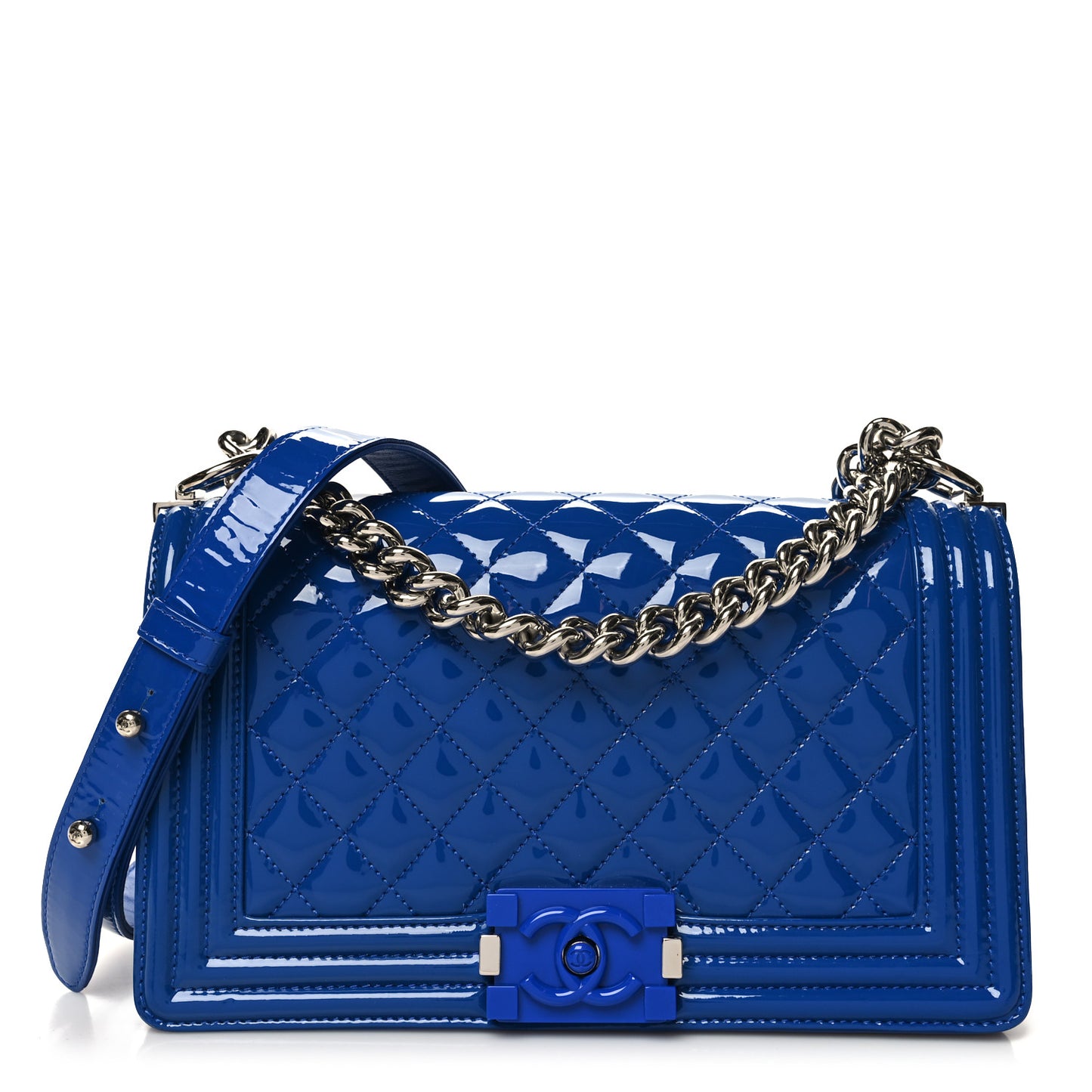 Patent Calfskin Quilted Medium Plexiglass Boy Flap Blue