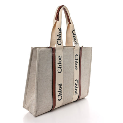 Chloe Cotton Calfskin Large Woody Ribbon Tote White Brown 2 of 10