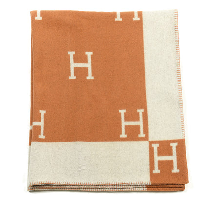 Hermes Wool Cashmere Signature Classic Avalon Blanket Ecru Potiron 1 of 3
