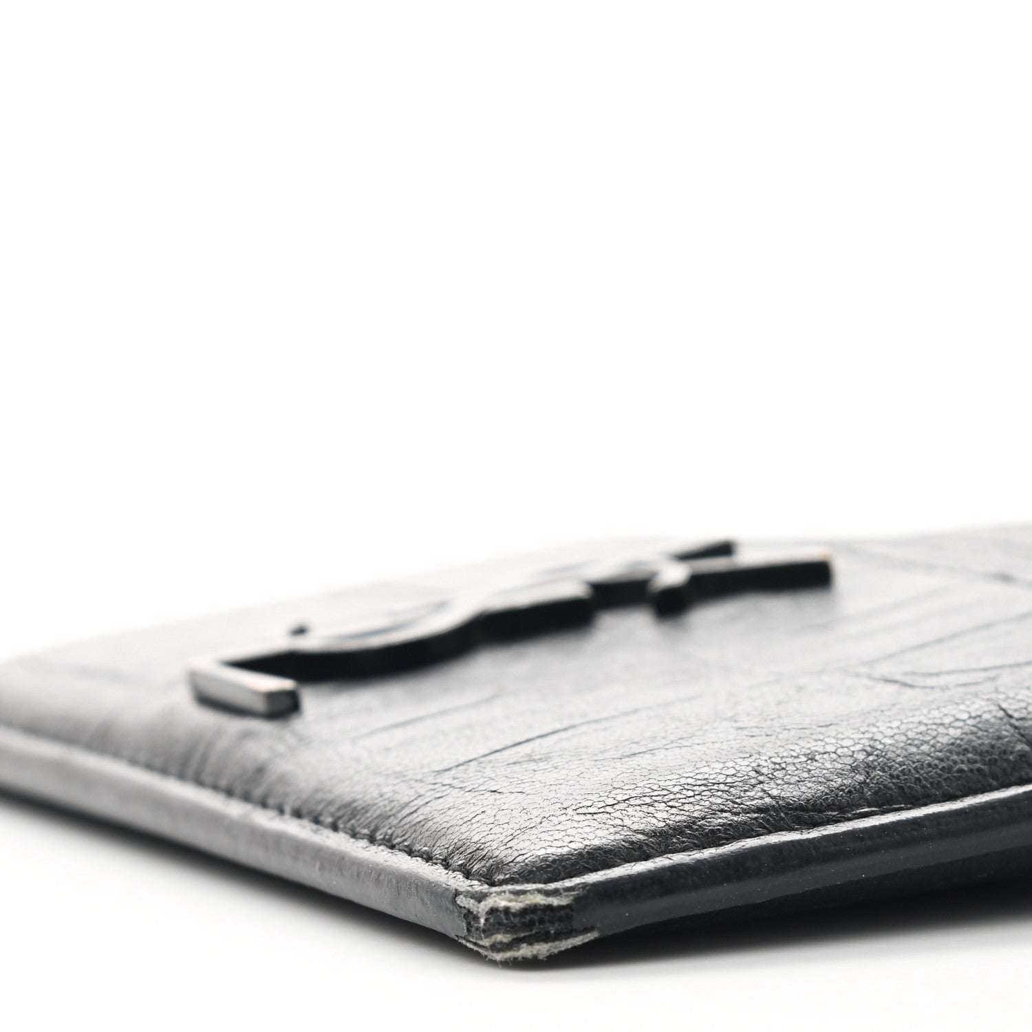 Saint Laurent Calfskin Crocodile Embossed Monogram Credit Card Case Black 9 of 10