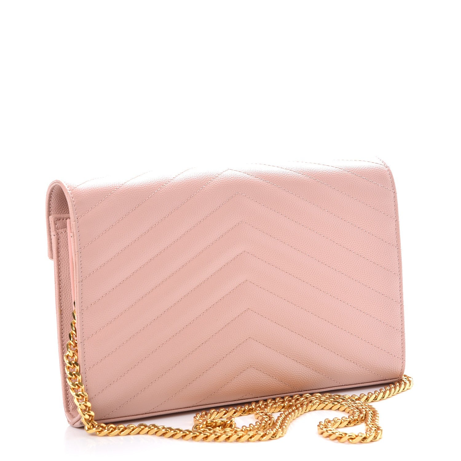 Saint Laurent Grain De Poudre Matelasse Chevron Monogram Chain Wallet Pale Pink 3 of 9