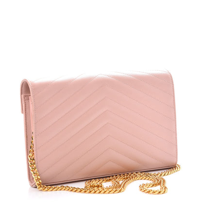 Saint Laurent Grain De Poudre Matelasse Chevron Monogram Chain Wallet Pale Pink 3 of 9