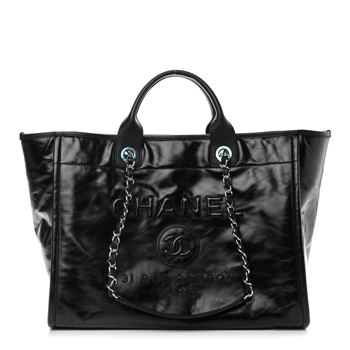 Glazed Calfskin Large Deauville Tote Black