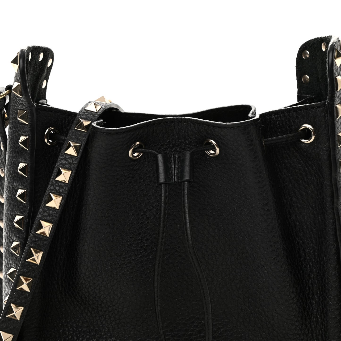 Grained Calfskin Rockstud Bucket Bag Black