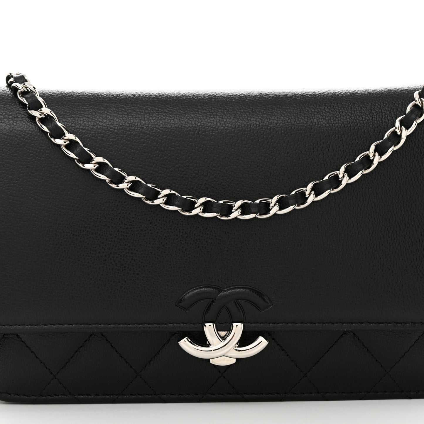 Grained Calfskin Quilted CC Box Wallet On Chain WOC Black