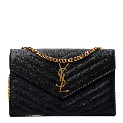 Saint Laurent Grain De Poudre Matelasse Chevron Monogram Chain Wallet Black 1 of 4