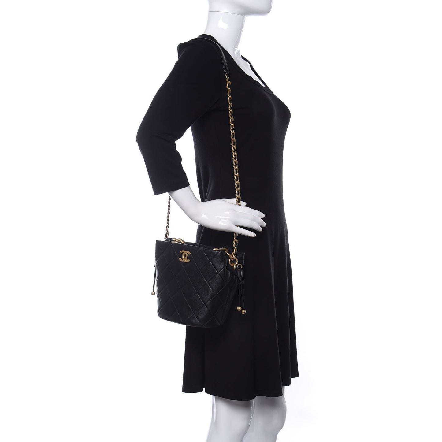 Shiny Lambskin Quilted Small Chain Is More Drawstring Bag Black